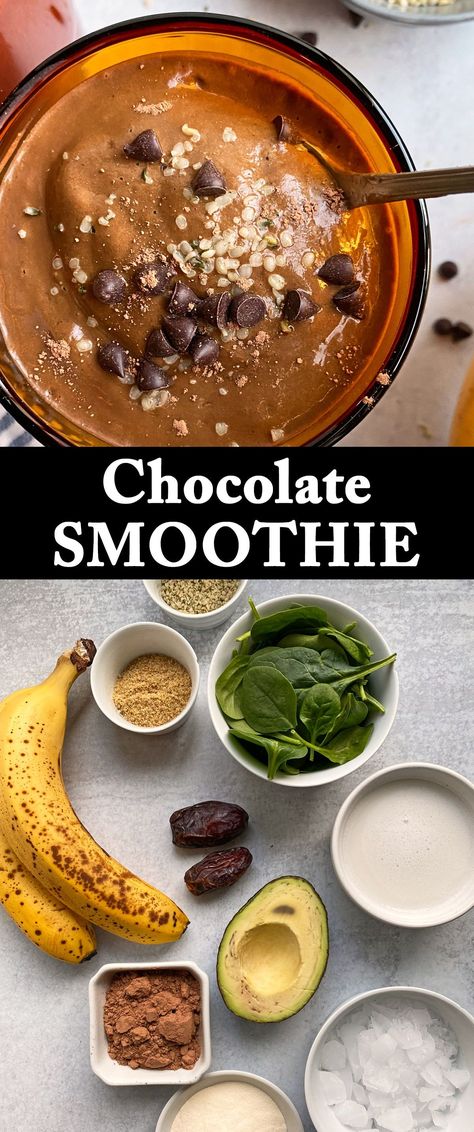 This avocado chocolate smoothie is thick, refreshing and healthy. It's made with ripe avocado, fresh spinach, unsweetened cocoa powder, banana and dates. This healthy chocolate smoothie recipe is a great way to sneak in veggies at breakfast, snack time or for dessert! #smoothierecipe #avocado #chocolatesmoothie #paleodiet #veganrecipes #whole30 Chocolate Veggie Smoothie, Avocado And Cocoa Powder, Cocoa Powder Smoothie Healthy, Banana Cocoa Smoothie, Spinach Chocolate Smoothie, Healthy Chocolate Banana Smoothie, Vegan Chocolate Smoothie, Dates In Smoothies, Chocolate Smoothie Recipes Healthy