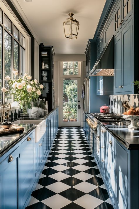 22 Stunning Kitchen Color Scheme Ideas (Warm, Neutral,...) - H.M.G Blue Kitchen Checkered Floor, Soft Blue Kitchen, Kitchen Color Scheme Ideas, Kitchen Cabinets Black And White, Checkered Floor Kitchen, Black And White Checkered Floor, Teen Bedroom Organization, Laundry Kitchen Combo, White Tile Kitchen Floor