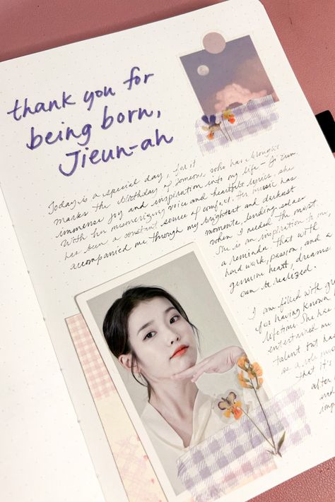 Iu Journal, Flower Stickers Aesthetic, Birthday Journal Prompts, Lyrics Journal, Aesthetic Journaling Ideas, Purple Journal, Iu Aesthetic, Iu Kpop, Stationery Aesthetic