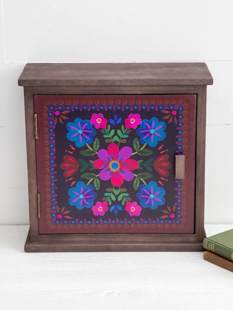 Stained Wood Cabinets, Small Kitchen Items, Painted Dressers, Hand Painted Dressers, Diy Recycled Projects, Folk Floral, Jewelry Display Box, Magnetic Door, Folk Art Flowers