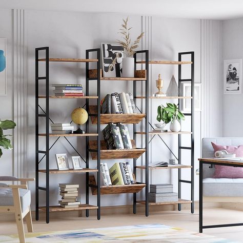 Transform your home office space with our rustic industrial vintage brown bookshelf! Its blend of metal and wood adds a unique, refined charm that's perfect for avid readers and style enthusiasts alike. This sturdy, high-quality bookcase provides ample space for your cherished books and decor. Infuse your workspace with character and order your Industrial Bookshelf today. Click the pin to order today! #affiliate #officedecor #rusticdecor Wide Bookshelf, Large Bookshelves, Open Display Shelf, Industrial Bookshelf, Large Bookcase, Open Bookshelves, Etagere Bookcase, Bookcase Shelves, Book Shelf