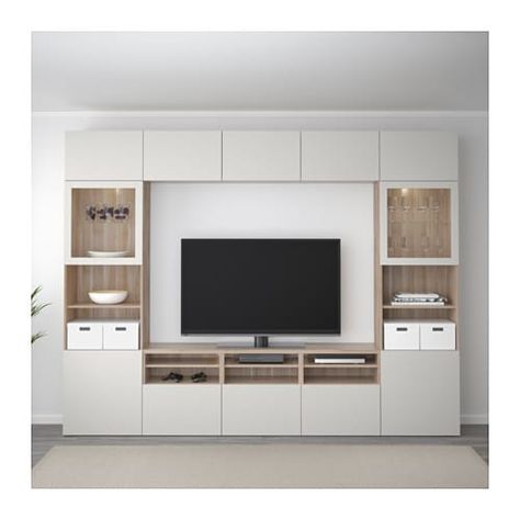 BESTÅ TV storage combination/glass doors - walnut effect light gray/Lappviken light gray clear glass, drawer runner, soft-closing - IKEA Besta Ikea, Ikea Tv, Living Room Wall Units, Living Room Built Ins, Ikea Living Room, Kabinet Dapur, Living Room Tv Unit Designs, Living Room Tv Unit, Tv Storage