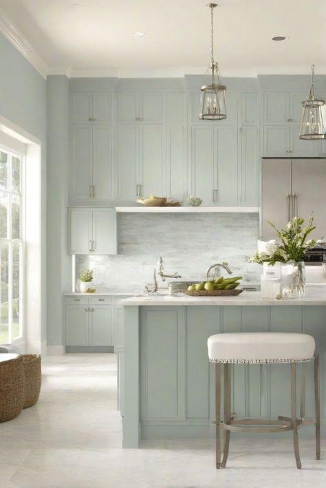 best paint for kitchen, wall paint colors, kitchen paint ideas, interior wall paint Sea Salt Sw Kitchen, Coastal Colors For Kitchen Cabinets, Seasalt Color Kitchen Cabinets, Sw Sea Salt Kitchen Cabinets, Sw Sea Salt Cabinets, Behr Sea Salt, Sea Salt Cabinets Kitchens, Sea Salt Kitchen Walls, Sherwin Williams Sea Salt Kitchen