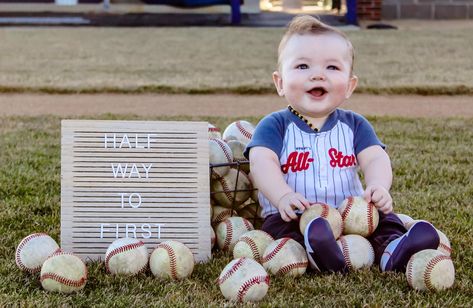 “Half way to first” baseball baby 6 month photography pictures 6 Months Baseball Pictures, 4th Of July 6 Month Baby Pictures, 6 Month Theme Pictures, Baseball Milestone Pictures, 6 Month Milestone Picture Ideas, Baseball 6 Month Photoshoot, Boys 6 Month Photo Ideas, 5 Month Baby Picture Ideas, Baby Baseball Photoshoot