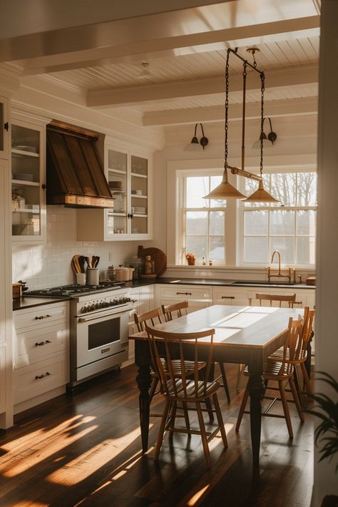 Eat In Farmhouse Kitchen, Old Time Farmhouse Kitchen, Old House Style, Cozy Farm Kitchen, Cozy Kitchen Lighting, Silo Cottage, Vaulted Kitchen Ceiling, Old Style Farmhouse, Cozy Kitchen Cottage