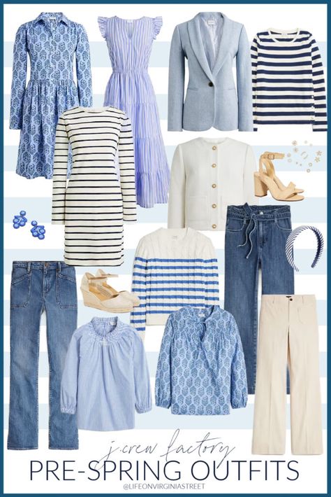 J. Crew Factory new arrivals for spring! Includes spring outfit ideas in shades of blue, including a block print dress, striped midi dress, striped t-shirt dress, cute spring tops, and striped cable knit sweater, and more! Blue Spring Outfits Women, J Crew Factory Outfits, Light Blue Striped Shirt Outfit, Bandung Outfit, Blue Preppy Outfit, Blue Outfits For Women, White Striped Dress Outfit, Cute Spring Tops, Traveling Clothes