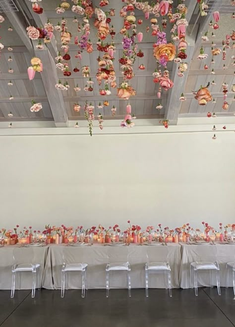 Floating Flowers Ceiling, Ceiling Floral Installation, Flower Chandelier Diy, Floating Flower Centerpieces, Hanging Flowers Wedding, Hanging Pom Poms, Floral Ceiling, Hanging Florals, Coral Sunset