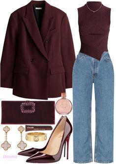 Maroon Blazer Outfit, Maroon Outfit Ideas, Cher Outfit, Maroon Outfit, Burgundy Blazer, Mode Zara, Work Fits, Stylish Work Outfits, Outfit Shoplook