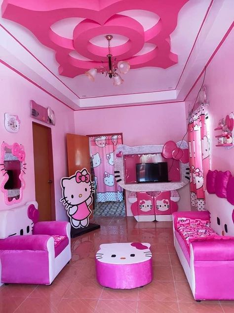 Hello Kitty House Decor, Hello Kitty Apartment, Hello Kitty Living Room, Pink Hello Kitty Room, Hello Kitty Furniture, Bedroom Layouts For Small Rooms, Kitty Furniture, Hello Kitty Appliances, Girly Pink Bedroom