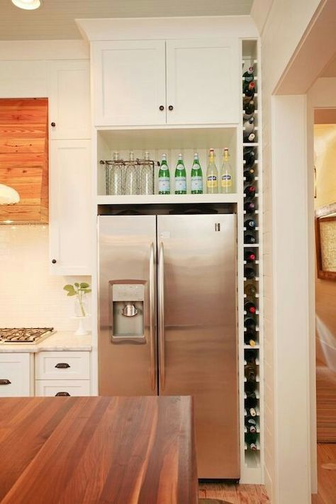 VERTICAL WINE RACK INSET. Wouldn't design it next to refrigerator, think about the heat... Diy Wine Rack Design, Organiser Cucina, Wine Rack Design, Built In Wine Rack, Fabulous Kitchens, Diy Wine Rack, Trendy Kitchen, House Renovation, Cottage Kitchen