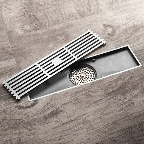 floor drain for bar - Google Search Long Drain Bathroom, Bathroom Floor Drain Ideas, Basement Floor Drain Cover Ideas, Bathroom Drainage Floor Drains, Glassless Shower Walk In, Bathroom Drain Ideas, Bathroom Water Drain, Shower Drain Ideas, Linear Drain Shower