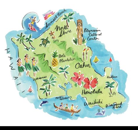 Oahu Hawaii Map Illustration, Hawaii Doodles, Hawaii Map, Hawaii Drawing, Hawaii Oahu, Honolulu Hawaii Aesthetic, Oahu Hawaii Map, Hawaiian Islands Map, Oahu Map