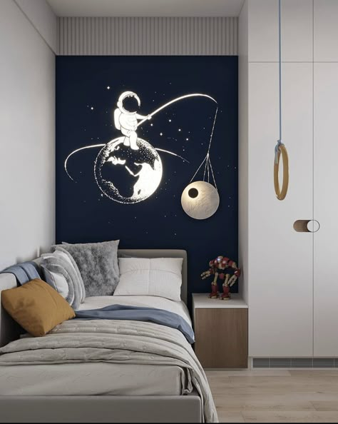 Astronaut Room Ideas, Children Bedroom Wallpaper, Astronaut Room For Boys, Astronaut Bedroom, Kids Space Bedroom Wallpaper, Outer Space Bedroom, Kids Bed Design, Astronaut Kids Bedding, Black Living Room Decor