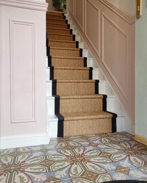 Pink Victorian Hallway, Pink Hallway Panelling, Blush Pink Hallway, Pink Staircase, Patterned Flooring, Spanish Floor Tiles, Kitchen Tiling, Pink Hallway, House Hallway