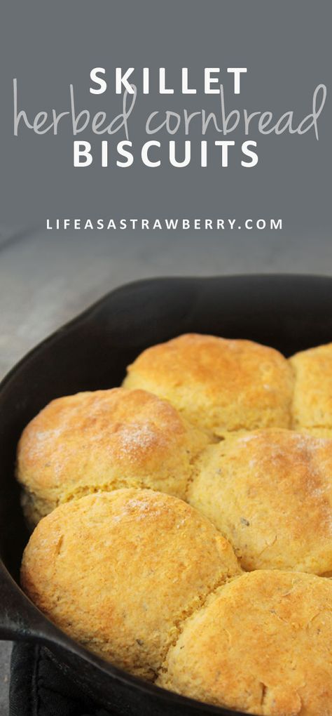 Skillet Herbed Cornbread Biscuits - Life As A Strawberry Serve With Chili, Vegan Swaps, Casserole With Biscuits, Corn Cornbread, Meal Vegetarian, Vegan Muffin, Cornbread Biscuits, Cornmeal Recipes, Breakfast Casserole With Biscuits