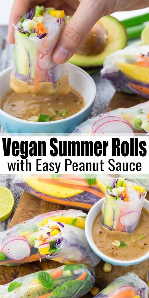 These rice paper rolls with mango and mint are the perfect light dinner for hot summer days. They’re healthy, fresh, low in calories, and super delicious! I love serving them with an easy peanut dipping sauce. Find more easy vegan recipes at veganheaven.org! #vegan #veganrecipes Summer Rolls Vegan, Peanut Rolls, Summer Rolls With Peanut Sauce, Easy Peanut Sauce, Peanut Dipping Sauce, Vegan Recepies, Peanut Dipping Sauces, Rice Paper Rolls, Vegan Asian