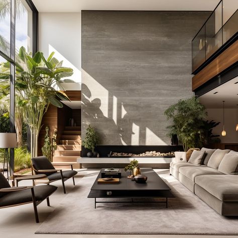 Modern Minimalist Luxury Living Room, Modern Contemporary House Interior Decor, Unique Modern Interior Design, Minimalist Contemporary Interior Design, House Interior Styles Inspiration, Japandi Living Room Fireplace, Modern Minimalist House Design Interiors, Minimalist Living Room With Plants, Small Modern House Interior