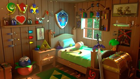 Zelda Boys Bedroom, Legend Of Zelda Themed Room, Zelda Room Aesthetic, Zelda Themed Bedroom, Legend Of Zelda Room Decor, Zelda Inspired Room, Legend Of Zelda Bedroom, Zelda Room Ideas, Zelda Themed Room