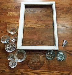 Diy Glass Window Art, Glass Plates Glued To Window, Old Windows With Glass Plates, Framed Glass Art, Repurpose Vintage Glassware, Glass Dishes On Old Windows, Old Window Glass Art, Diy Stained Glass Window How To Make, Old Glass Window Ideas