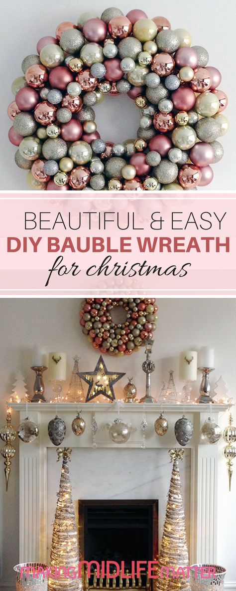 Diy Christmas Baubles, Bauble Wreath, Wreath For Christmas, Wreath Inspiration, Ball Wreath, White Christmas Ornaments, Christmas Tinsel, Material Wreaths, Wreath Frame