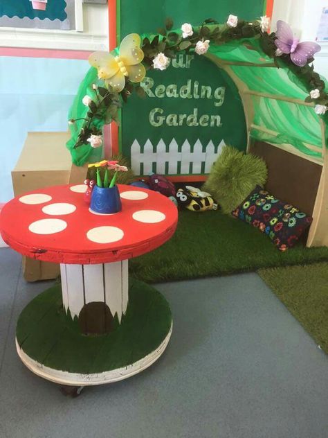 Classroom Reading Garden, Reading Garden Book Corner, Fairy Garden Classroom, Reading Garden Eyfs, Garden Reading Corner, Reading Garden Classroom, Domino Design Ideas, Tree Reading Nook, Enchanted Forest Classroom Theme