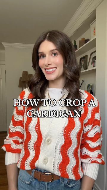 Rebecca Kahane Pankow on Instagram: "How to crop a cardigan. Will you be trying this #hack ?" Cardigan Crop Hack, Crop Cardigan Hack, Cardigan Button Up Outfit, How To Crop A Cardigan, How To Crop A Sweater, Cardigan Hacks, Button Cardigan Outfit, Cropped Cardigan Outfit, Cardigan Outfit Ideas