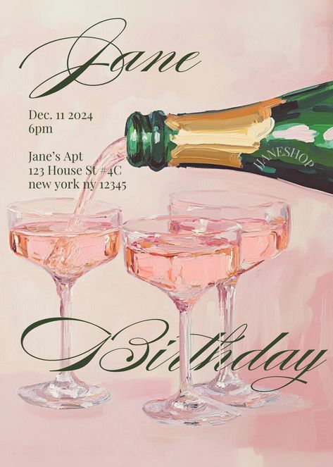 Pink Champagne Party Invite, Champagne Bottle Invite, Classy Champagne Invitation, Elegant Dinner Party Invite, Editable Digital Download Classy Party Invitations, Pink Champagne Party, Pink Dinner Party, Dinner Party Invite, Spring Flower Art, Pink Dinner, 18th Birthday Party Themes, Images For Valentines Day, Spring Wall Art