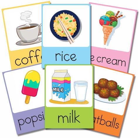 Flashcards Comidas y Bebidas en Inglés para Imprimir en formato pdf para descargar y listo para imprimir, juega con tus alumnos con estos divertidos flashcards para que aprendan las Comidas y Bebidas en Inglés de una manera divertida.😀 Ice Cream Pizza, Spanish Flashcards, Popcorn Cake, Dog Ice Cream, Spanish Worksheets, Ham And Eggs, Cookie Pizza, Chocolate Popcorn, Colorful Food