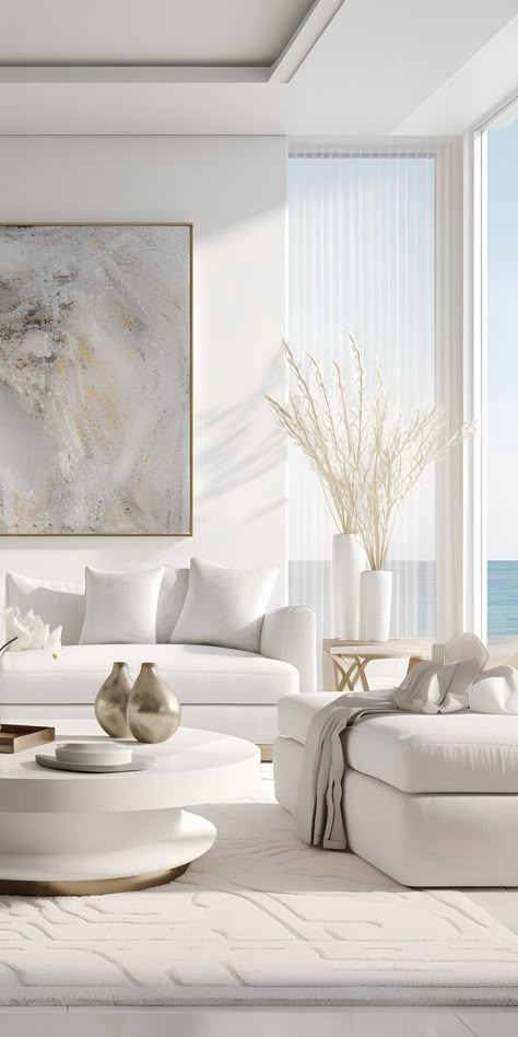 Sleek Contemporary Living Room, White Modern Home Interior, Modern White Decor, Luxurious White Living Room, Elegant Modern Decor, Modern White Living Room Luxury, White Livingrooms Design, White Living Room Ideas Minimalist, White Walls Living Room Modern