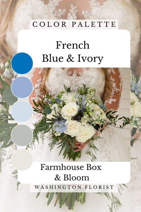 French blue and white wedding flower color palette perfect for a spring or summer wedding. French Blue Garden Wedding, Light Blue Color Palette Wedding, September Wedding Colors Schemes 2025, French Blue Wedding Color Palettes, Green And Blue Wedding Colors, Blue Green Wedding Theme, Blue French Country Wedding, Wedding Colors 2025, White Wedding Color Palette