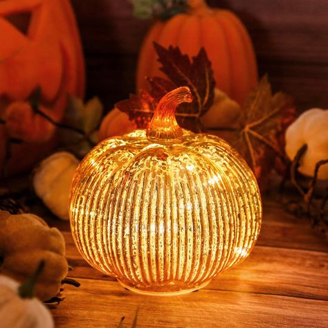 Mercury Glass Lighting, Harvest Festival Decorations, Thanksgiving Home Decorations, Up Pumpkin, Table Centerpieces For Home, Light Up Pumpkins, Gold Pumpkins, Artificial Pumpkins, Fall Decoration