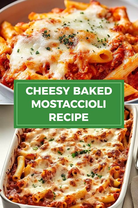 An inviting photo of a Cheesy Baked Mostaccioli dish alongside a serving spoon. The cozy homestyle meal is drenched in marinara sauce and bubbly cheese, perfect for family gatherings or weeknight dinners. Mostacholi Baked, Moscholli Recipe, Mastacoli Recipe, Mostaccioli Recipe No Meat, Meatless Mostaccioli Recipe, Make Ahead Mostaccioli Recipe, Baked Mostaccioli Recipe Ground Beef, Easy Baked Mostaccioli, Mostaccioli Recipe Ground Beef