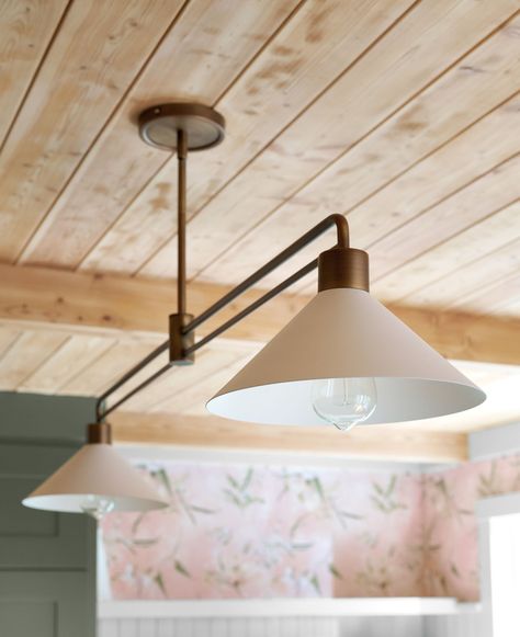 The Prettiest Green And Pink Kitchen Remodel That We Completed In 7 WEEKS - Emily Henderson Light Over Sink, Wisconsin Cabin, Kitchen Sink Lighting, Lights Over Kitchen Island, Room Light Fixtures, Dining Table Lighting, Dining Room Light, Dining Room Light Fixtures, Island Pendant Lights