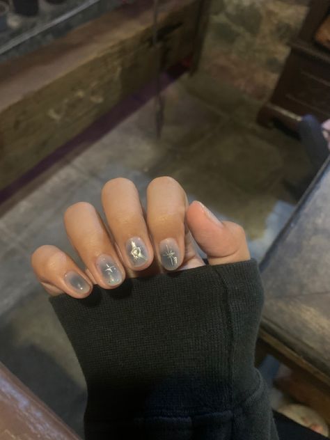 Grey Blue Nails, Blue Grey Nails, Blue Airbrush Nails, Airbrush Nail, Airbrush Nails, Gray Nails, Nail Style, Simple Gel Nails, Metallic Nails