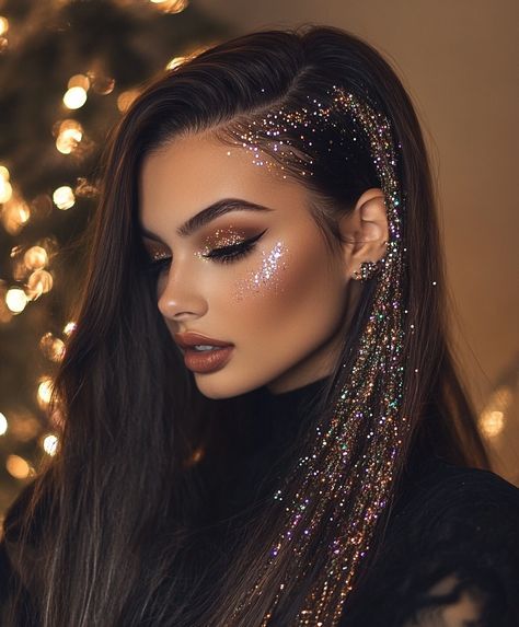 Crazy Christmas Hairstyles: Christmas Lights Faux Hawk Glitter Hair Part, Glitter Gel Hairstyles, Hairstyles For Holiday Party, Hairstyles With Glitter, Hair Glitter Ideas, Glitter Hairstyles, Holiday Hair Ideas, Crazy Christmas Hairstyles, Snow Hair