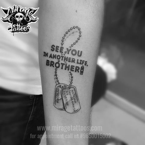 Dog Tag Tattoo For Men Forearm, Tattoo Ideas For First Timer, Army Dog Tags Tattoo, Tattoo Dedicated To Brother, Small Army Tattoos, Tattoo For First Timers, Army Tattoos For Men Soldiers, Military Memorial Tattoos, Dog Tag Tattoos For Women