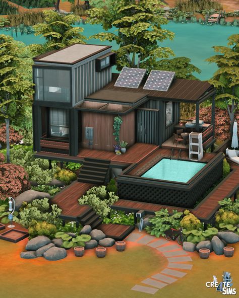 Container Eco House || no CC | Patreon House And Floor Plan, Sims 4 Eco House, No Cc Sims, Modern Eco House, Sims 4 Modern House, Sims 4 House, San Myshuno, Sims Freeplay Houses, Sims 4 House Plans