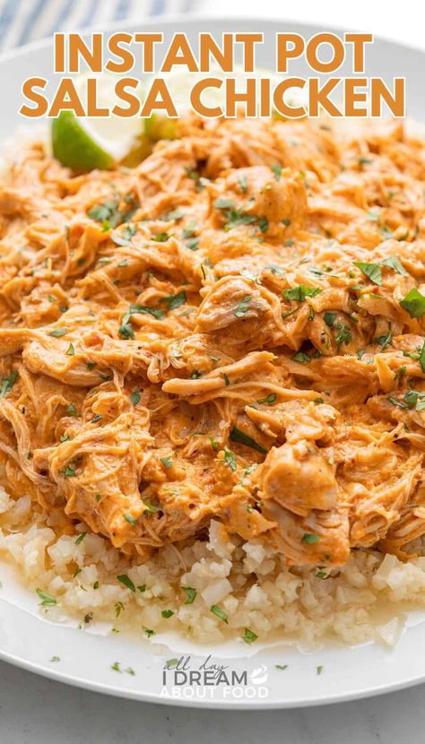 Instant Pot Salsa Chicken is an instant family hit! This easy low carb shredded chicken recipe is creamy and flavorful, and takes only 30 minutes. Crockpot instructions included too. Instapot Salsa Chicken Recipes, Instant Pot Chicken Recipes Shredded, Shredded Chicken Breast Instant Pot, Instapot Chicken Recipes Easy, Instapot Shredded Chicken Taco, Chicken Salsa Instant Pot, Instant Pot Recipes High Protein, Easy Chicken Recipes Instant Pot, Shredded Chicken Recipes Instant Pot