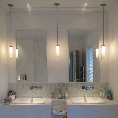 Pendants on each side of the mirror Bathroom Vanity Lights On Side Of Mirror, Hanging Bathroom Lights, Best Bathroom Lighting, Sink Lights, Mermaid Room, Modern Bathroom Lighting, Salon Suites, Bathroom Pendant, Bathroom Pendant Lighting