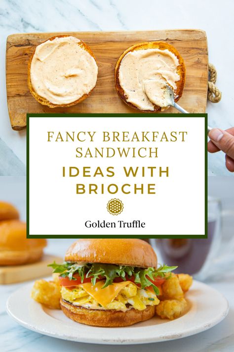 Breakfast Sandwich Brioche, Egg Brioche Sandwich, Brioche Bread Recipe Sandwiches, Recipes With Brioche Buns, Unique Breakfast Sandwiches, Brioche Bun Sandwich Ideas, Brioche Breakfast Ideas, Brioche Buns Ideas, Brioche Bread Sandwich Ideas