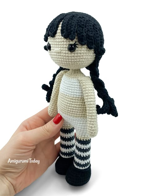 Wednesday Doll Free Crochet Pattern Wendsday Crochet, Crochet Wednesday Free Pattern, Wednesday Crochet Pattern Free, Free Wednesday Addams Crochet Pattern, Wednesday Adams Crochet Pattern, Basic Doll Crochet Pattern Free, Wednesday Amigurumi Free Pattern, Crochet Halloween Dolls Free Pattern, Free Crochet Character Patterns