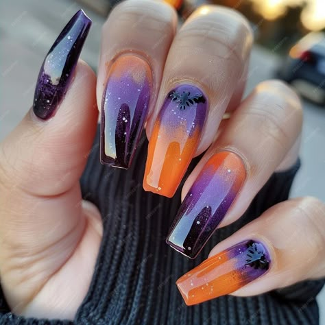 A woman with purple nails that has a black star on it | Premium AI-generated image Purple Orange Nails Halloween, Black Purple And Orange Nails, Black Orange And Purple Nails, Halloween Nails Purple And Orange, Orange And Purple Halloween Nails, Purple And Orange Nail Designs, Purple Nails Fall, Orange Purple Nails, Orange And Purple Nails