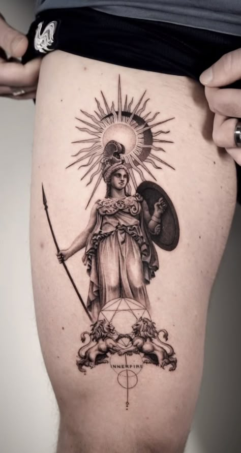 Small Ancient Greek Tattoo, Athena Back Tattoo, Ancient Greece Aesthetic Tattoo, Oracle Of Delphi Tattoo, Tattoo With Frame, Neoclassical Tattoo, Helios Tattoo, Greece Mythology Tattoo, Greek Mythology Tattoo Ideas