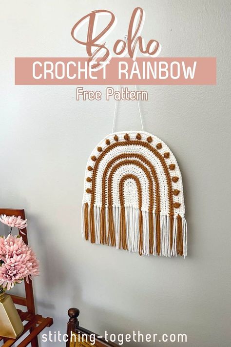 Update your space with this modern boho crochet rainbow wall hanging. You'll love making this easy and free crochet pattern and will love the results! These crochet rainbows work in the nursery and in any living space where you want to add handmade charm. Grab your hook and get started now! Boho Rainbow Crochet, Crochet Rainbow Pattern, Rainbow Crochet Pattern, Crochet Nursery Decor, Boho Crochet Patterns, Blanket Afghan, Crochet Wall Art, Crochet Wall Hanging, Crochet Baby Gifts