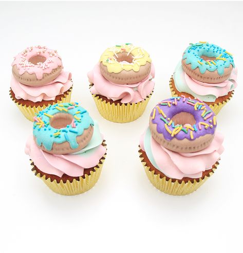 Cupcake Donut Theme, Donut Theme Cupcakes, Donut Themed Cupcakes, Candy Themed Cupcakes, Donuts For Birthday, Fondant Donut, Cupcakes With Fondant, Novelty Cupcakes, Donut Birthday Cake