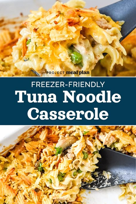 This Freezer-Friendly Tuna Noodle Casserole is a family friendly comfort food favorite from childhood! My version is made from scratch with mushrooms, egg noodles and potato chips on top. Freezing and make-ahead instructions included! ProjectMealPlan.com Freezer Dinners, Freezable Meals, Tuna Noodle, Tuna Noodle Casserole, Tuna Casserole, Seafood Recipes Healthy, Freezer Meal Prep, Cold Lunches, Healthiest Seafood