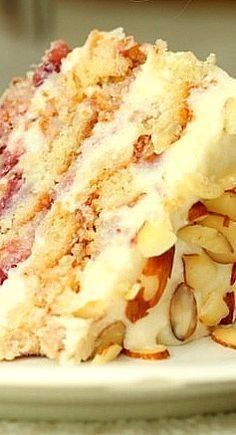 Almond Layer Cake, Strawberry Almond, Layer Cake Recipes, Layer Cakes, A Piece Of Cake, Think Food, Just Cakes, Piece Of Cake, Almond Cakes