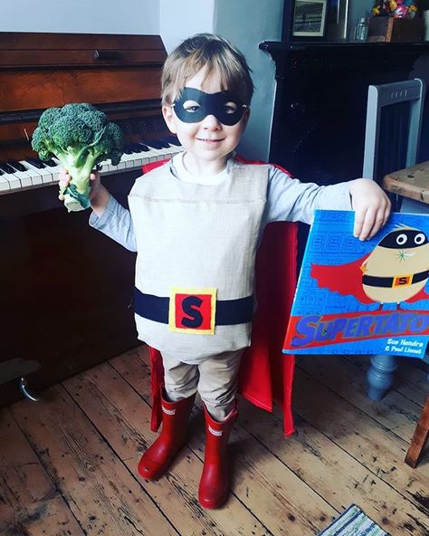 It's #worldbookday today and my debut into the world of homemade fancy dress costumes for this little guy. He's the one, the only, Supertato! 🥔 I managed to cobble this together from stuff I had around the house and some beige fabric from my mum. A little bit of repurposing and upcycling can go a long way 🤓 . . . #supertato #preschool #nursery #ysgolporthyfelin #bookworm #readmore #fancydress #costume #school #homemade #diy #sewing #crafternoon #handmade #repurpose #upcycle Supertato Costume World Book Day, Boys World Book Day Ideas, World Book Day Costumes Boys, Diy World Book Day Costumes, Fancy Dress Diy, Hair Styal, World Book Day Ideas, World Book Day Costumes, Book Day Costumes