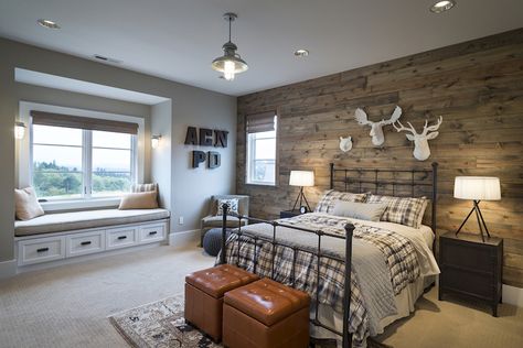 Cabin Style Kids Room, Country, Boy's Room, TTM Development Cabin Style Bedroom, Wood Plank Walls, Plaid Bedding, Chalet Interior, Cabin Bedroom, Plank Walls, How To Dress A Bed, Ski Chalet, Iron Bed