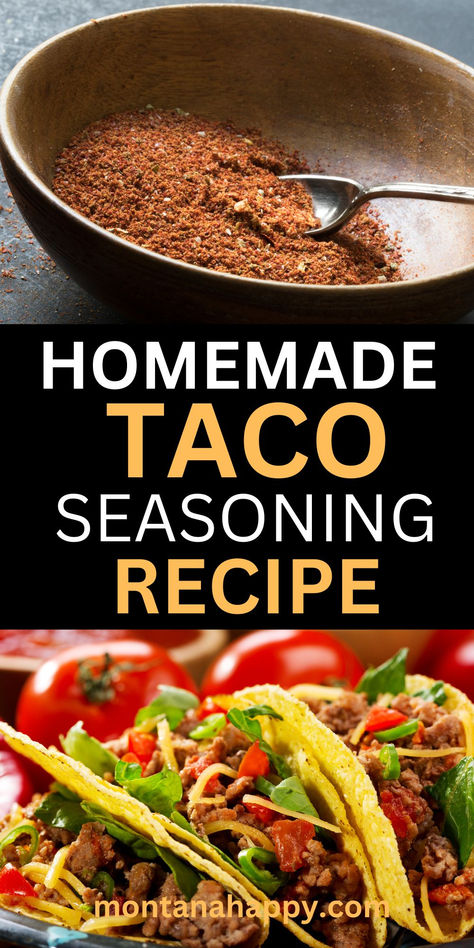 Top Photo: Taco Seasoning Mix Bottom Photo: Beef Tacos Text "Homemade Taco Seasoning Recipe" Whole30 Taco Seasoning, Easy Taco Seasoning Recipe, Gluten Free Taco Seasoning, Taco Seasoning Mix Recipe, Taco Seasoning Ingredients, Diy Taco Seasoning, Make Taco Seasoning, Homemade Taco Seasoning Mix, Gluten Free Tacos